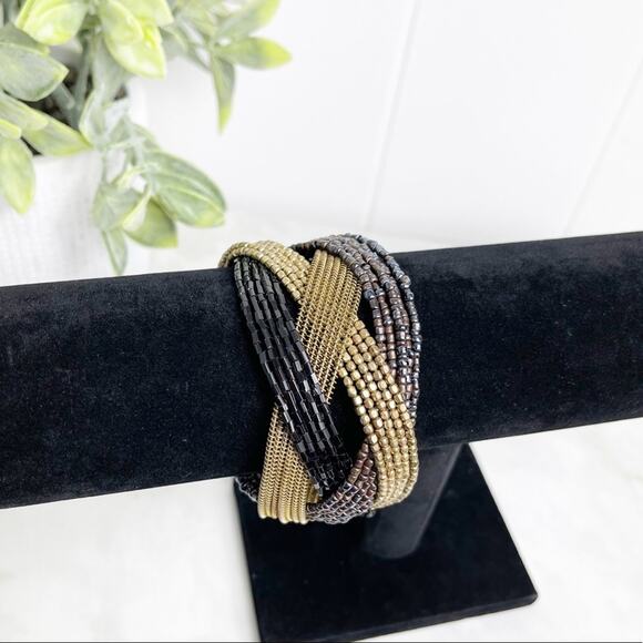 Metallic Tones Criss Cross Beaded Cuff Bracelet - Picture 5 of 6